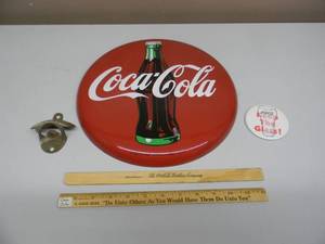 lot 17 image: VINTAGE CocaCola Collection - METAL BULLSEYE DISK 12, MOUNTED BOTTLE OPENER, 2 RULERS & BUTTON - NICE SET - SEE PICTURES