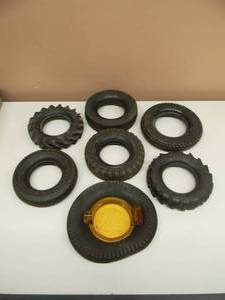 lot 55 image: VINTAGE U.S. TIRES TIRE ADVERTISING RUBBER TIRE ASHTRAY & 6 RUBBER TIRES - MILLER, 3 FIRESTONE, HOOD, SEIBERLING - SEE PICTURES