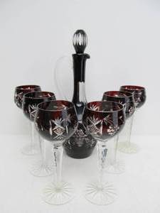 lot 12 image: Vintage Bohemian Crystal Decanter wSet of 6 Matching Goblets