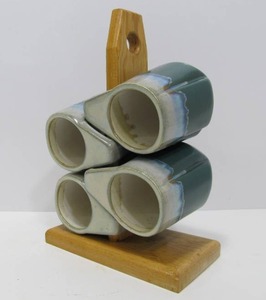 lot 37 image: Very Nice Set of 4 Art Pottery Coffee Mugs wCustom Rack