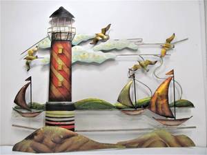 lot 48 image: Large Metal 3D Wall Sculpture - Lighthouse Nautical Scene