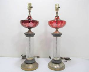 lot 53 image: Matching Pair of Cranberry Cut-To-Clear Glass Table Lamps