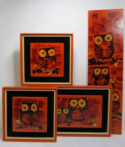 lot 136 image: Lot of 4 Matching Sign Oil Paintings - Owls