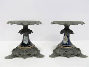 lot 138 image: Signed Antique Cobalt Blue Porcelain & Spelter Candle Stands