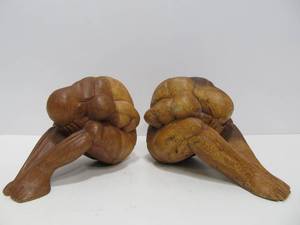 lot 71 image: Vintage Hand Carved Wood Oriental Yogi Sculpture Weeping Buddha FiguresBookends