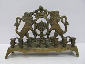 lot 78 image: Small Antique Brass Candelabra wLions