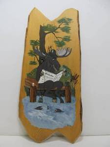 lot 82 image: Signed & Hand Painted Comical Wood Plank Wall Hanging wMoose