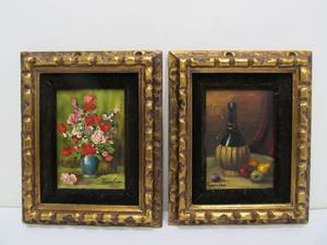lot 236 image: Pair of Small Vintage Framed Signed Oil on Board Still Life Paintings