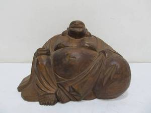 lot 239 image: Hand Carved Wood Vintage Seated Laughing Buddha