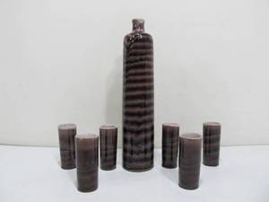 lot 240 image: Vintage Striped AmethystPurple Art Pottery Bottle w6 Glasses