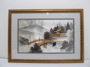lot 224 image: Vintage Chinoiserie Japan Mount Fuji Bridge Landscape Silk Embroidery