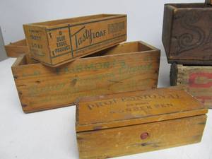 lot 183 image: Large Group of Vintage & Antique Primitive Wooden Advertising Boxes