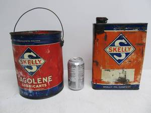 lot 184 image: 3 Vintage SKELLY Oil etc Advertising Cans