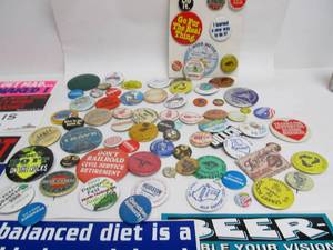 lot 197 image: Lot of Vintage Pinbacks Buttons & Assorted Comical Bumper Stickers