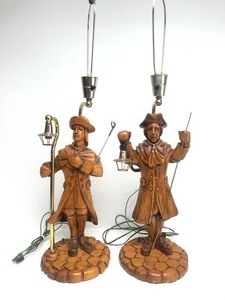 lot 117 image: Large Vintage Carved Wood Colonial Style Paul Revere Figural Table Lamps