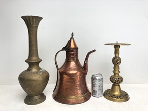 lot 350 image: Vintage Copper & Brass CoffeeTea Pot Large Vase & Candle Stand