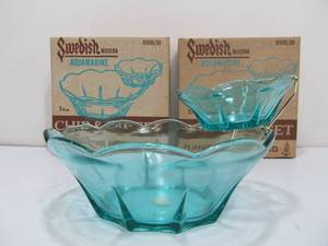 lot 307 image: 2 NOS Vintage Aquamarine Glass Swedish Modern Chip & Dip Sets