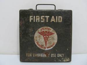 lot 332 image: Vintage WW2 Heavy Steel First Aid Kit