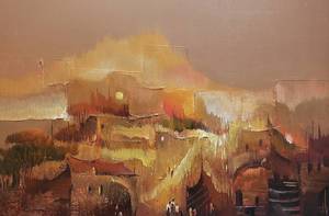 lot 363 image: Mid Century Style Abstract Country Town Scene Signed