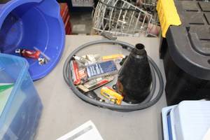 lot 449 image: Outboard Motor Parts  with Siphon, Funnel, Spark Plugs, Attwood Fuel Hose Fitting 38