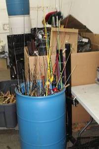 lot 480 image: Fishing Rod and Reel Parts (in large blue barrel)