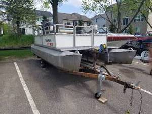 lot 4 image: 16 Kennedy Pontoon Boat, Chrysler 30 Outboard Motor, Kennedy Single Axle Pontoon Trailer