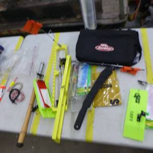 lot 340 image: Fishing Tackle  with Tip-Ups, Bobbers, Bait Bucket