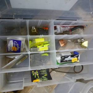 lot 376 image: Fishing Tackle (in plastic organizer bin)  with Tackle Organizers, Misc. Tackle, Fish Pail and Scoop