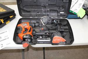 lot 72 image: Black & Decker MT1203 12V Cordless Firestorm Jig Saw  with Batteries (x2), Charger, Drill Attachment, Sanding Attachments, Plastic Case