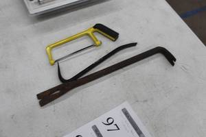 lot 99 image: Lot of (3) Hand Tools  - Pry Bars (x2), Hack Saw (x1)