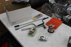 lot 60 image: Lot of Hand Tools  - Speed Wrench, Ratchet Wrench, Bit Set, Speaker Wire, Heat Shrink Tubing, Extensions, Sockets, Misc. Hand Tools