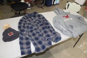 lot 196 image: Lot of (3) Clothing - Long Sleeve Button Down Shirt, Hollister Hooded Pullover Sweatshirt, Love Your Melon Winter Cap