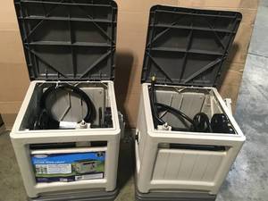 Lot of 2 SSM200B Swivel Hose Reel Hideaway with Smart Trak Hose Guide and Bin in Taupe (has cracks) review all pictures