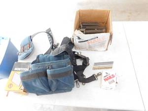 Blue Carpenters Tool Belt--Falcon Finish Nails--Bostitch FN1532--2--15 Gauge Angled Nails Chisel Point
