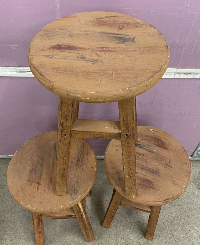 Lot of 3 Short Wooden Stools