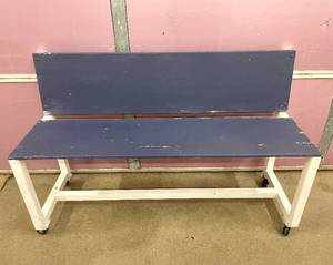 Large Metal Framed Wooden Bench on Caster Wheels