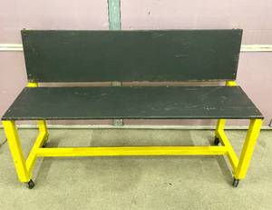 Large Metal Framed Wooden Bench on Caster Wheels