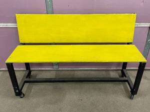 Large Metal Framed Wooden Bench on Caster Wheels