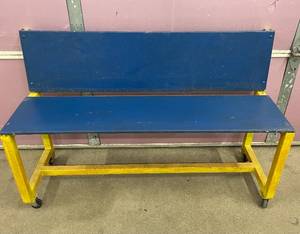 Large Metal Framed Wooden Bench on Caster Wheels