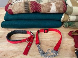 Lot of 6 dog throw blankets and dog collars.&nbsp