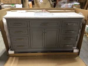 Thompson 60 in. W x 22 in. D Bath Vanity in Gray with Engineered Stone Vanity Top in Carrara White with White Basin (review all pictures)