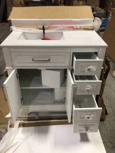 Melpark 36 in. W x 22 in. D Bath Vanity in White with Cultured Marble Vanity Top in White with White Sink by Home Decorators Collection DAMAGE REVIEW THE PICTURES