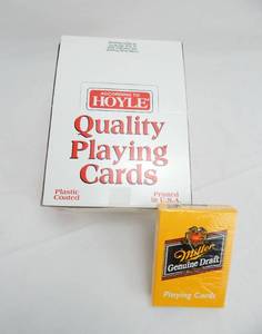 lot 19 image: Box of 12 Vintage 1996 Hoyle Miller Genuine Draft Poker Size Playing Card Decks
