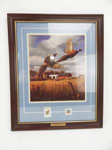 lot 39 image: Vintage 1980s David Maass Hedgehopping Duo Postal Commemorative Society Framed Print and Stamps