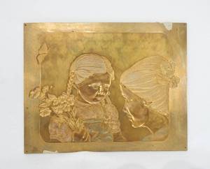 lot 166 image: Vintage Woman and Little Girl With Flowers Brass Embossing Plate