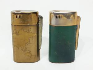 lot 176 image: Set of 2 Vintage Leather Wrapped and World Map Brass Redi Flame&nbspGas&nbspTable Lighters