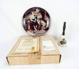 lot 217 image: Vintage Norman Rockwell Limited Edition The Runaway Plate and Bell Set