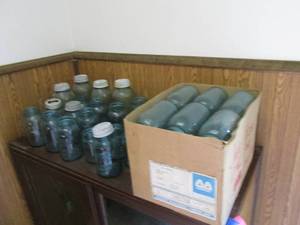 Large lot of blue canning jars with...