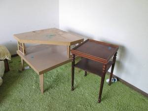 Blonde and dark wood end tables, bl...