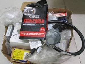 lot 65 image: box of capacitors, grill dual hose,...